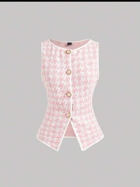 SHEIN Pink Houndstooth Tie-Back Sleeveless Top